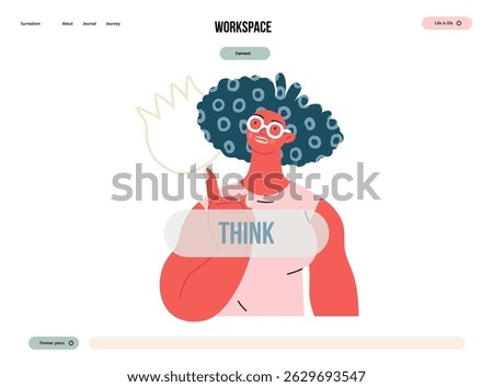 Thinking people, modern flat vector concept illustration- woman standing thoughtfully, looking upwards, bubble near head Metaphor for reflection, analysis, introspection, contemplation, deep thought