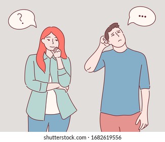 Thinking people (or couple) character. People with hand on chin thinking about question, pensive expression.Hand drawn style vector design illustrations.