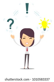 Thinking people with question signs and light idea bulb above. Young female thinking and thoughtful. Bright idea above head. Concept idea. white background. Stock flat vector illustration.