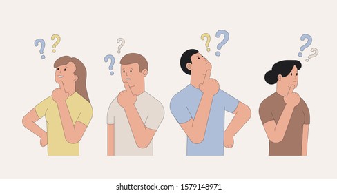 Thinking people. Set of characters with question marks. Vector illustration