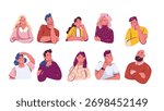 Thinking people set with diverse men and women in creative poses, showing thoughtful and pensive expressions. Cartoon doodle vector illustration for web, office, education, or creative projects.