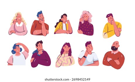 Thinking people set with diverse men and women in creative poses, showing thoughtful and pensive expressions. Cartoon doodle vector illustration for web, office, education, or creative projects.
