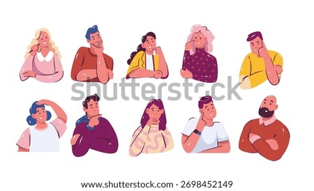 Thinking people set with diverse men and women in creative poses, showing thoughtful and pensive expressions. Cartoon doodle vector illustration for web, office, education, or creative projects.
