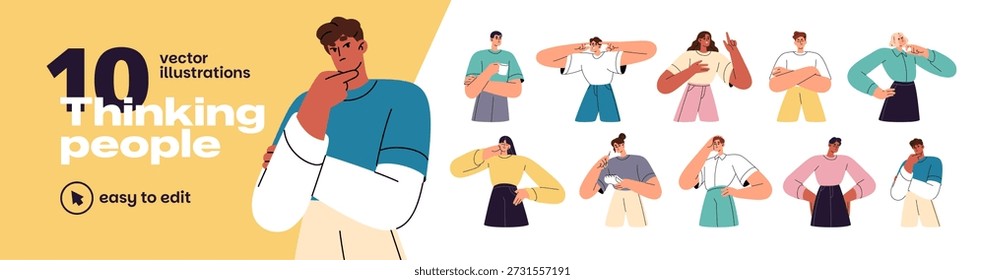 Pensando que as pessoas se põem. Homens e mulheres atenciosos. Personagens intrigados duvidam. Meninas e meninos pensativos estão ponderando pensamentos, resolvendo problemas, perguntando. Ilustrações vetoriais isoladas planas no fundo branco