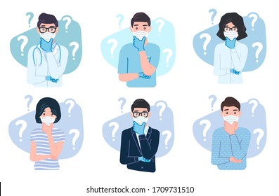 Thinking people wearing protective medical mask and gloves for prevent corona virus Covid-19. characters with a curious expression. Pensive concept set with a question mark is confused, wonder emotion