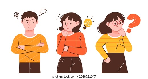 thinking people. Worry, curiosity, problem solving concept person vector illustration.