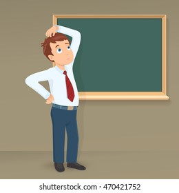  thinking perplexed boy on chalkboard background. school or business theme cartoon illustration. vector