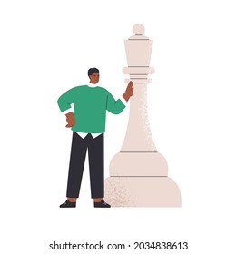 Thinking person and huge chess piece. Business strategy, career challenge and achievement concept. Happy smart man with power and authority. Flat vector illustration isolated on white background