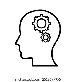 Vector de ícono de persona pensante Cabeza humana con ruedas dentadas dentro de ícono lineal. Inteligencia artificial. Progreso tecnológico. Ilustración de línea delgada. Robot.
