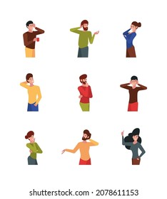 Thinking person. People standing with question signs different solutions confusion minds bad or good ideas smart thinks garish vector flat illustrations