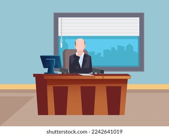 A thinking person sitting in chair at office. Bald headed principal is thinking. Thinking people with computer and hand in mouth illustration is here. You can use this Vector file in your design.