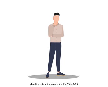 Thinking person standing in front some boxes and a text box over his head. Person standing and thinking with text box and cardboard cartoons and paper cartoons. Person standing with his hand in mouth.