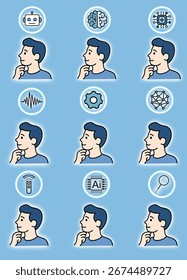 Persona pensante con los iconos de la Tecnología - 9 conceptos modernos de la idea Vector