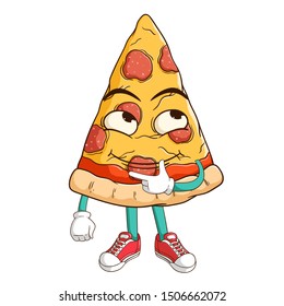 Thinking pizza slice cartoon character with funny smile face