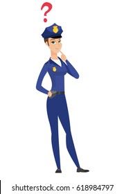 Pensando en la policía con signo de interrogación. Mujer policía reflexiva con signo de interrogación. Policía mirando el signo de interrogación sobre su cabeza. Ilustración de diseño plana vectorial aislada en fondo blanco.