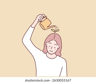 Thinking positive mindset. Girl watering flowers on her head with watering can. Conscious woman optimist. Good mood and happy character. Hand drawn style vector design illustrations.