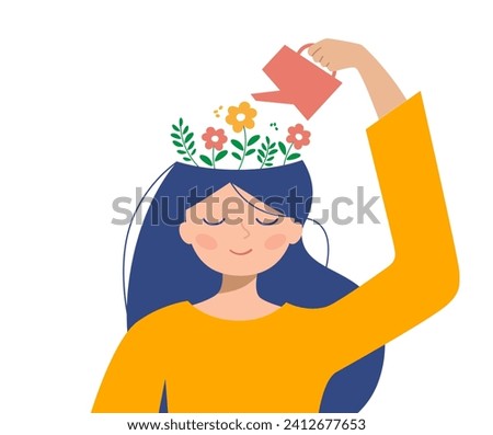 Thinking positive mindset. Girl watering flowers on her head with watering can