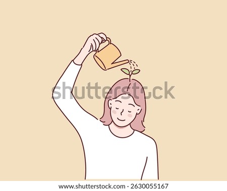 Thinking positive mindset. Girl watering flowers on her head with watering can. Conscious woman optimist. Good mood and happy character. Hand drawn style vector design illustrations.