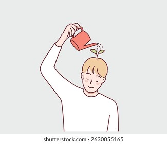 Thinking positive mindset. Man watering flowers on her head with watering can. Conscious man optimist. Good mood and happy character. Hand drawn style vector design illustrations.