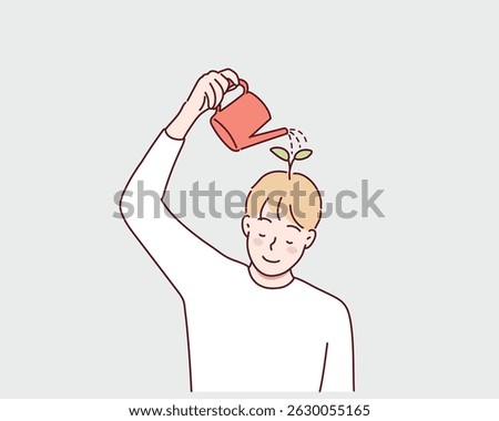 Thinking positive mindset. Man watering flowers on her head with watering can. Conscious man optimist. Good mood and happy character. Hand drawn style vector design illustrations.