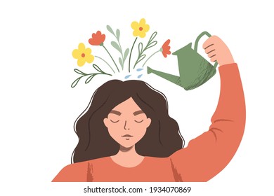 Thinking positive as a mindset. Woman watering plants that symbolize happy thoughts. Flat vector illustration