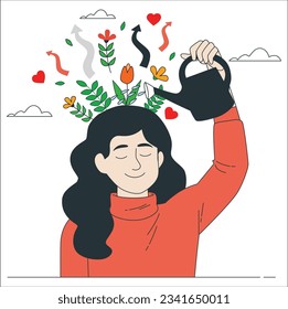 Thinking positive as a mindset. Woman watering plants that symbolize happy thoughts. Personal growth, Self-improvement and Self development concepts. woman watering plant growing from the brain. 2235