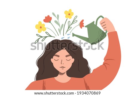 Thinking positive as a mindset. Woman watering plants that symbolize happy thoughts. Flat vector illustration