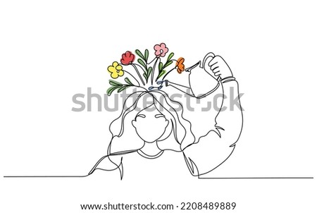 Thinking positive as a mindset. Woman watering plants that symbolize happy thoughts. Mental health awareness day. Protect your mind and nourish productivity. Psychology line art. Relief from anxiety ストックフォト © 