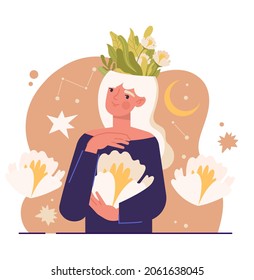 Thinking positve. Woman with flower growing out of her head. Metaphor for mental health and right thoughts. Happy female character smiles. Cartoon flat vector illustration isolated on white background