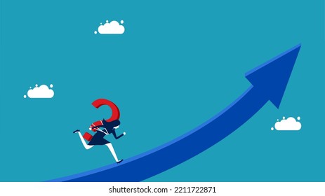 Pensar y resolver problemas. empresaria con un signo de interrogación que corre sobre una flecha en crecimiento