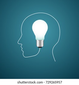 Thinking and problem solving concept with head and light bulb. Vector illustration.