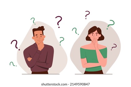 Thinking and Problem solving concept. Young man and woman ask questions, think and look for answers. Confused couple or employees with doubts and difficulties. Cartoon flat vector illustration