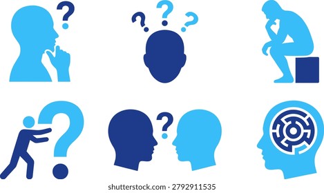 Thinking and problem solving icons confused person question marks puzzled head maze mind people facing dilemma dilemma.