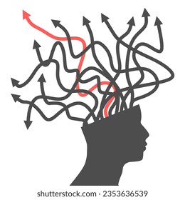 Thinking process. Arrow lines from human head. Business solution, possible idea variant, various flexible Pproblem solving ways