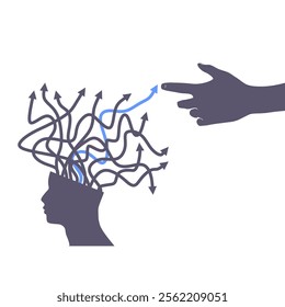 Thinking process. Arrow lines from human head. Business solution, possible idea variant, various flexible. Problem solving ways. Hand pointing to the right way.