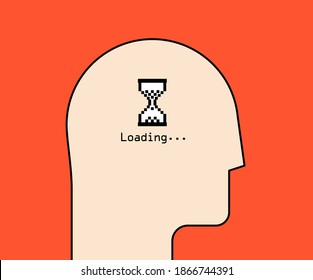 Thinking process or brainstorming or remembering concept. Humans head silhouette with vintage pixel hourglass icon and loading caption. Minimalistic vector illustration.