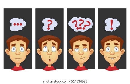 Thinking process of cartoon character. Problem - Analysis - Solution. Cartoon styled vector illustration.