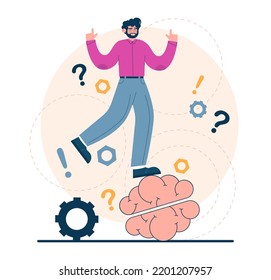 Thinking process. Character full of thoughts searching for an answer or a solution to a problem, generating new ideas. Decision making idea. Flat vector illustration