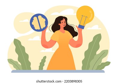 Thinking process. Character full of thoughts searching for an answer or a solution to a problem, generating new ideas. Decision making idea. Flat vector illustration
