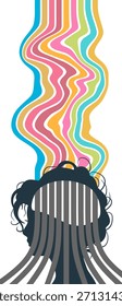 Proceso de pensamiento. Líneas de color de la cabeza de la mujer. Solución de negocio, posible variante de idea, varias formas flexibles de resolución de problemas What If. Inteligencia y desarrollo de conocimiento con rendimiento cerebral.