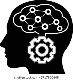 Gráfico de concepto de proceso de pensamiento que muestra la silueta de la cabeza que contiene la rueda dentada de conexión del cerebro de la red que representa la idea de desarrollo de la creación de soluciones de estrategia.