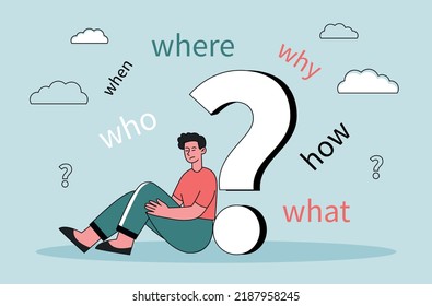 Thinking process concept. Man sits next to question mark and words. Thoughtful character, uncertainty. Poster or banner for website. Frequently asked qestions. Cartoon flat vector illustration