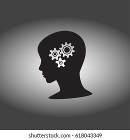 Thinking process. Hand drawn vector illustration. woman head and gears