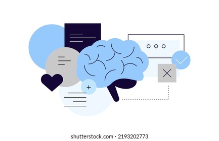 Thinking process. Solution searching, comparing, conclusion. Modern flat illustration. Vector file.