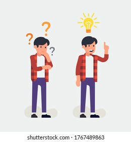 Thinking process vector concept design element with thoughtful young man surrounded by question marks and cheerful young man having an idea represented by light bulb