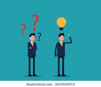 Thinking process vector concept design element with thoughtful young man surrounded by question marks and cheerful young man having an idea represented by light bulb