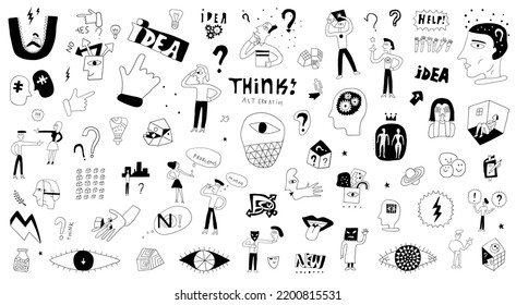 thinking , psychology - doodle set  , hand drawn characters ,design elements in sketch style