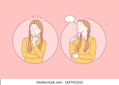 Thinking, pupil, dream set concept. Young pensive girl has question and thinking about problem. Happy thoughtful satisfied kid is dreaming. Smiling child pupil is solving riddle. Simple flat vector