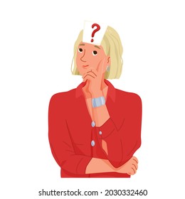 Thinking, question, doubt concept vector illustration. Young confused woman with large problem mark sticker on her forehead. Isolated on white background.