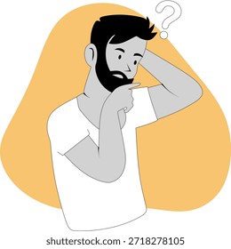 Pensamiento y preguntas: Ilustración de estilo plano, hombre barbudo confuso que piensa duro con un signo de interrogación - Ilustración vectorial de concepto de resolución de problemas
